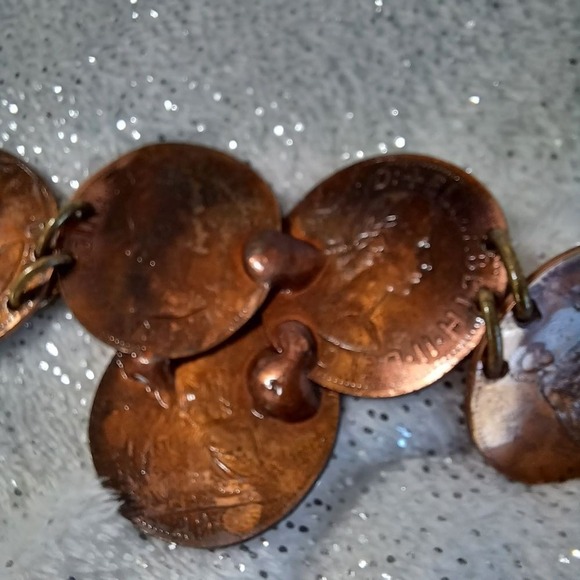 Bracelet Statement Oxidized Copper Turquoise Tone Coin Faux Bold 9" Boho Western - Picture 6 of 15